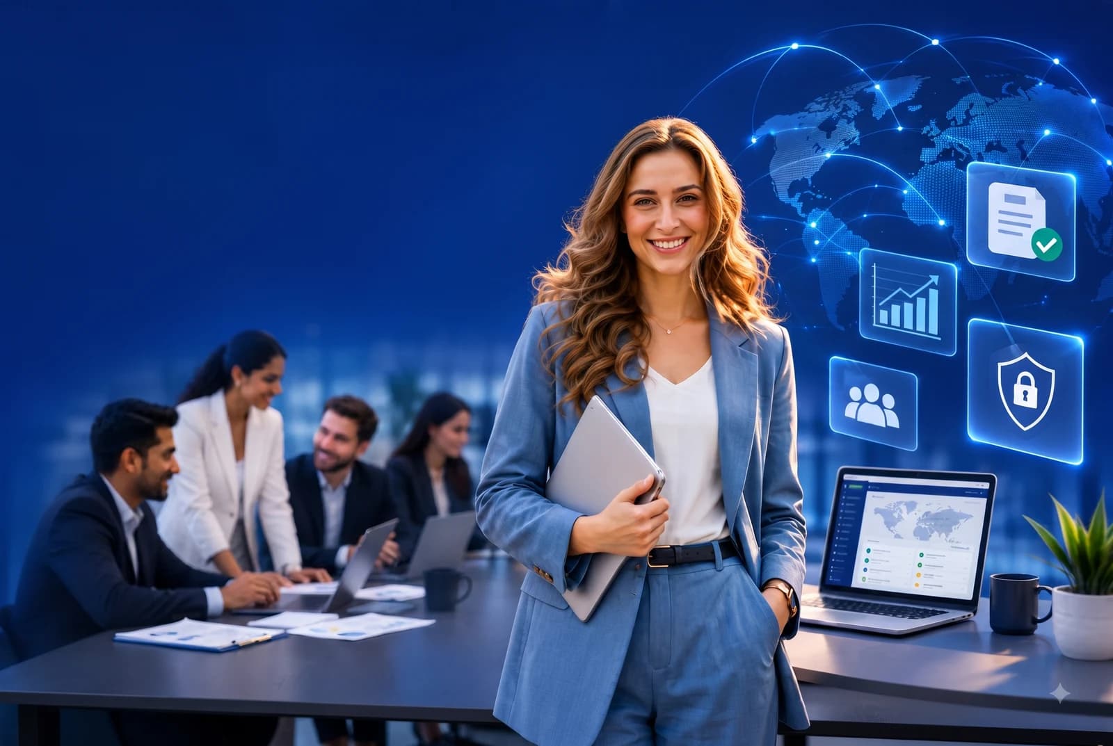 DCirrus professional standing confidently in front of global enterprise team